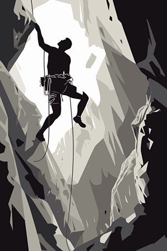 Performing the Climbing Body: Martyrdom, Apeiron, and Vulnerability in Rock Climbing and Mountaineering Stories, B&W, white background, abstract, imaginative, flat vector, illustration, full scene,