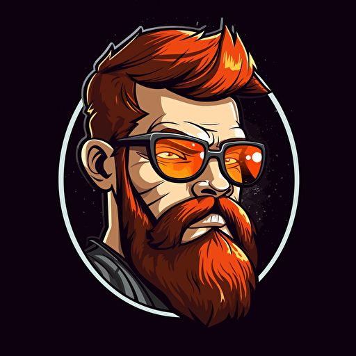 trimmed red beard man, with glasses, short hair, looking aside, logo, rounded, vector, gaming theme