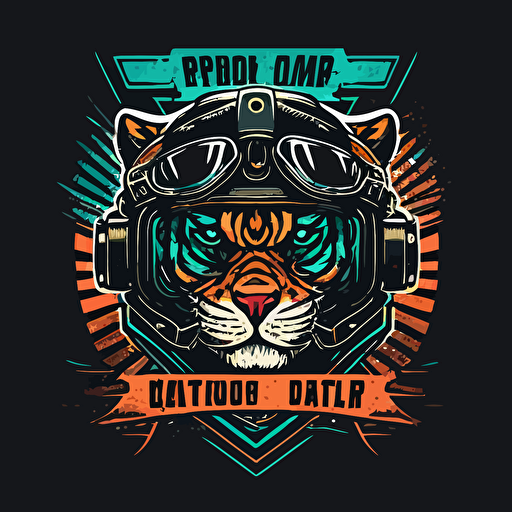 a minimal vector logo motorcycle club emblem, tiger with motorcycle glasses, two piston head, handlebars,colorful