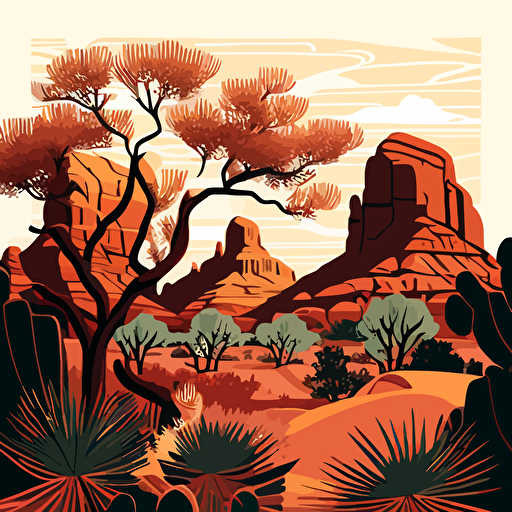 detailed flat vector image of the sedona landscape and sedona buttes, warm muted colors with tree silhouetes out in the distance, stylistic collage