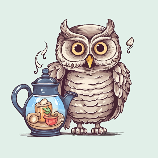happy relax owl holding a glass coffee pot, a coffee cup beside the owl, vector, illustration for sticker, illustrator, vector art illustration style, grey background, high resolution,