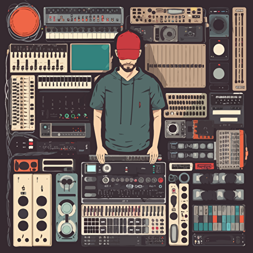 knolling. Dj with all his electronic music production equipment like dj console, synths, drum pad and midi controller. Vector art.