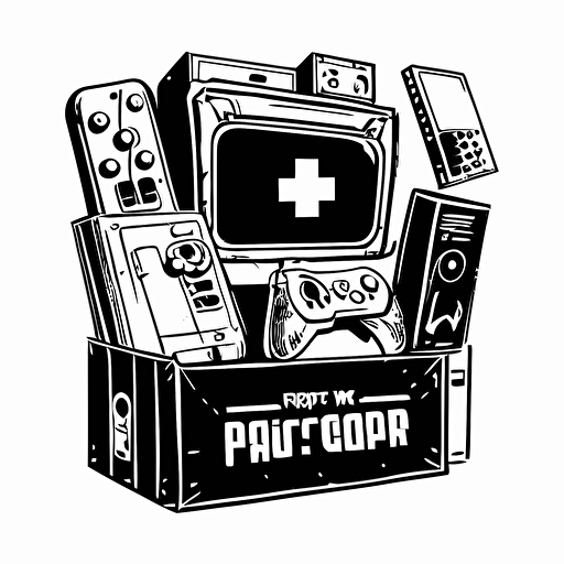 very Simple Logo, Sketchy, Transparent, Black and White, Vector, Box full of Toys, Consoles, Trading cards,