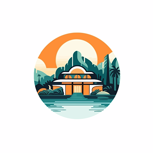 Beautiful logo, abstract vector, luxury cabanas, cabanas are close to the top of a hill, the hill is next to a lake