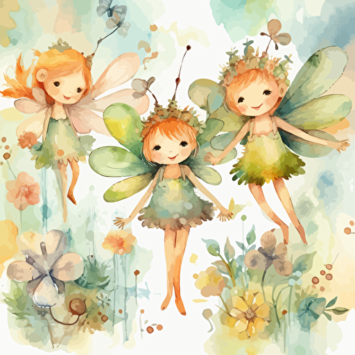 whimsical watercolor fairies and flowers in pastel hues, enchated, cute, for kids, Vector