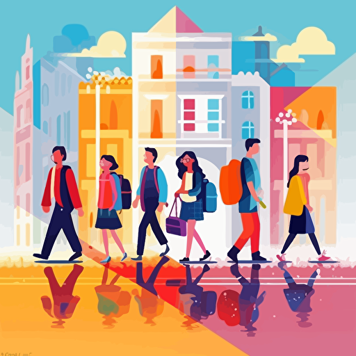 Stylish modern fluid contemporary flat vector illustration of 5 schoolchildren and students walking to study and education for a poster.
