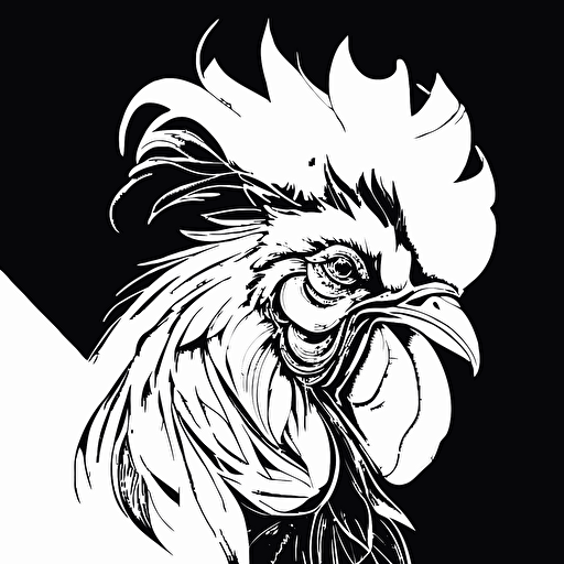 glamorous close up rooster in style of Gabriel Schama, flamboyant, black and white, flat, vector, line drawling, white background ar 1:1