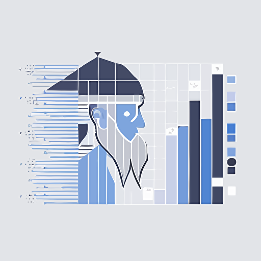 a very minimalistic vector logo design of a wizard and a horizontal gantt chart, blue, white and gray colors