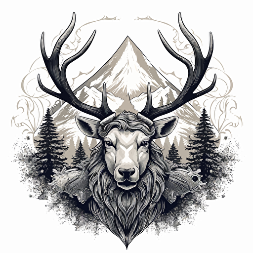 unicorn that looks like an elk, elk antler, black and white vector illustration, simple ::vector style