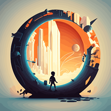 Vector based art of a portal located in a planet leading to a high tech futuristic city and children on flying sticks entering the portal