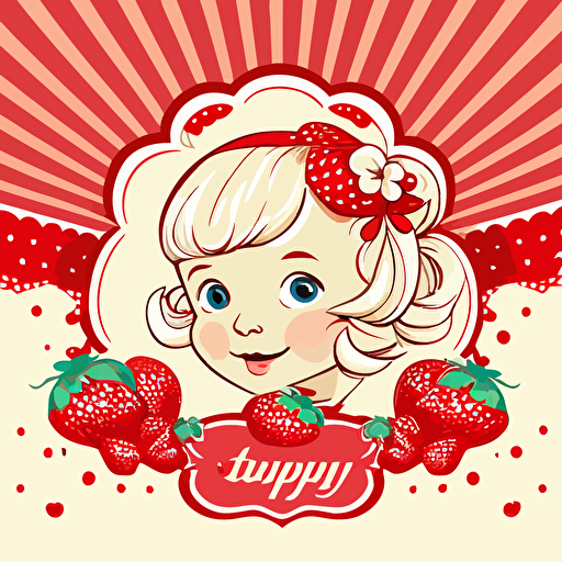 vector art illustration for an invitation to a first birthday party, strawberry theme, a girl with short, beige hair, DeepSkyBlue eyes, happy mood, cute style, Light_Red, white background