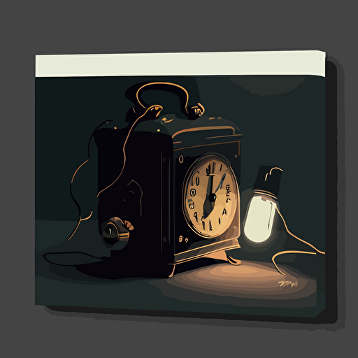 illustrated scene of a nightstand with a modern alarm clock. Vector. Moody. Detailed. Contrasting shadows. Modern
