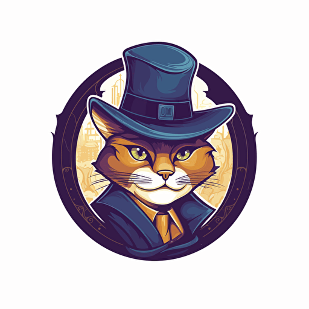 clean, vector logo for a Mystery DAO, detective cat, white background