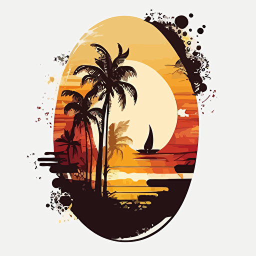 create a wooden vector style surfboard stuck in a beach next to palm trees and waves of water in a circle on white background simple and vector style very colorful with sunset