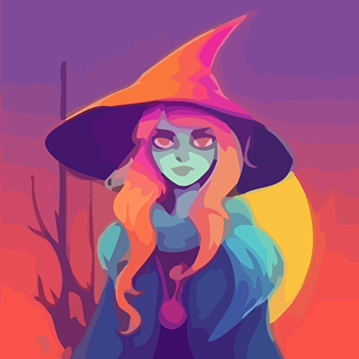 Character Design ,simple illustration ,witch,vector,in vivid colors,comic,