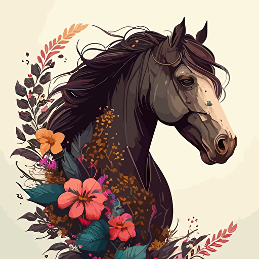 beautiful horse, flowers, cute, cartoon, high quality, high details, 12k, vector art