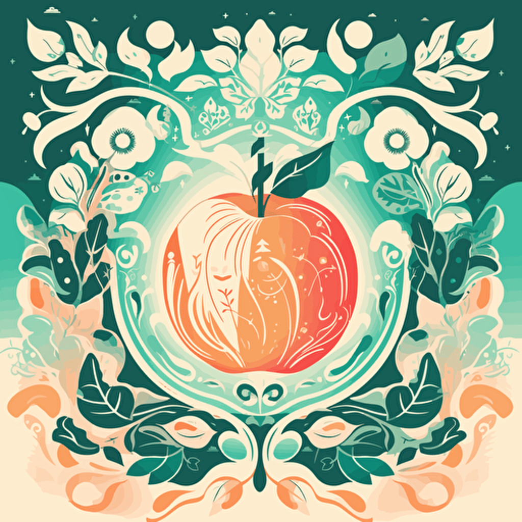 open apple illustration with framed botanical ornaments simplified illustration with a shinning sun using the illustrator illustration styles, vectorized, moder pantone colorful pallet