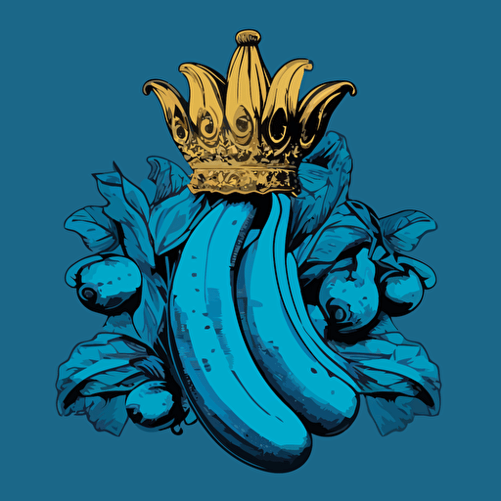very detailed outline, vector illustration of a blue fruit banana in a blue color with a crown, the banana is very rich, there's money and gold everywhere.