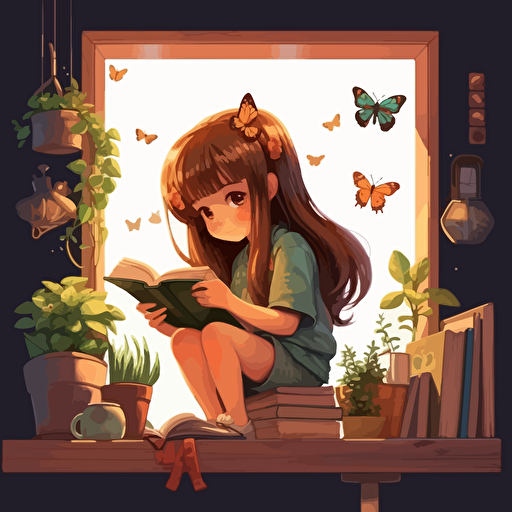 a chibi teenage studying girl vector fantasy style, cozy mellow image extremely detailed, hyper resolution smooth and bright colors, behind her a big bookshel stand, hanging bright green plants big windows, silky detailed butterflies flying around