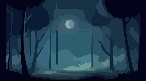 Flat cover 2D art of a blueish and greenish forest with a few fuzzy fireflies, simple flat natural elements and few animals. dark mood and evanescent moon in the distance, dark pinetrees, flat dark colors, grainy gradient shadows, vector style.