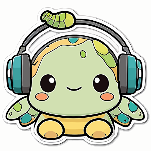 sticker, happy colorful turtle wearing headphones, kawaii, contour, vector, white background s 1000