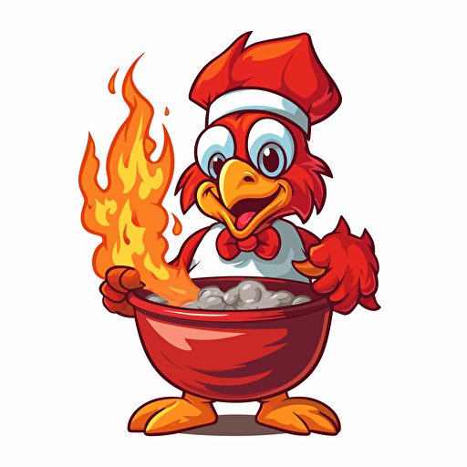 vector 2d sould food chicken mascot. wearing red and white clothing. holding a flaming pot of fried foods and vegetables