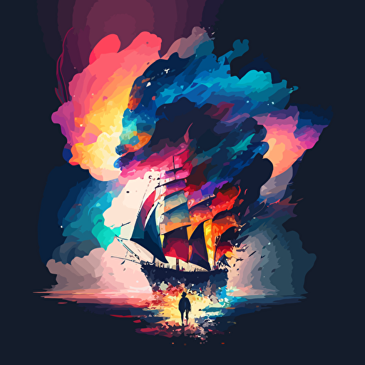 a flagship sailing into the purgatory,, giant clouds with human forms and silouettes, artistic, colorful, epic, fantastic, fantasy, magic, particles, vectors