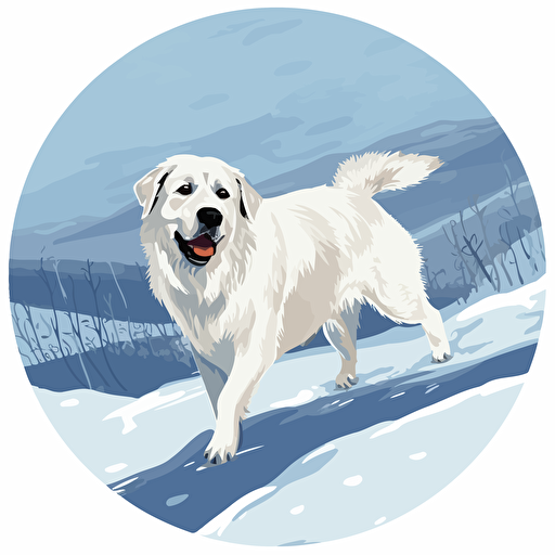 vector illustration of a Great Pyrenees running through the snow, set in a circle, white background