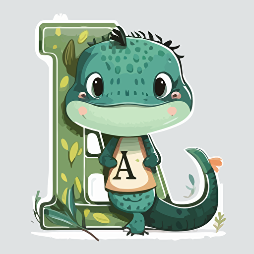 sticker flat vector art,2D chibi, baby alligator sitting on the letter A,cute,colorful disney-inspired