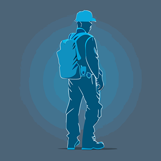 silhoette of professional tradesman, blue color, gray background, simple design, vector style, white outline over silhouette