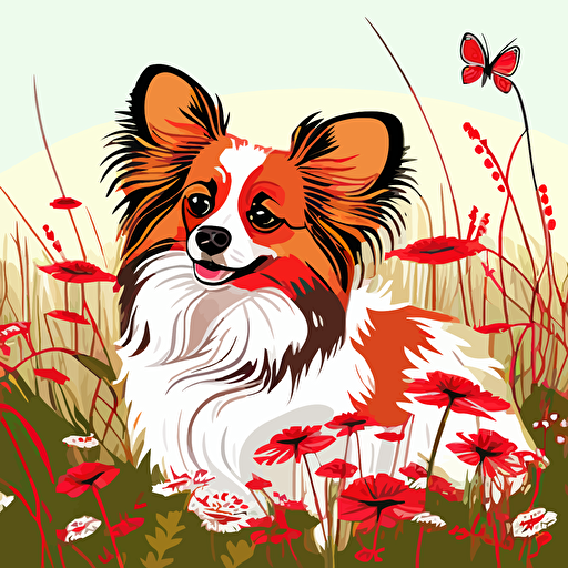 a red and white papillon dog playing in a field of wildflowers, vector art, whimsical, cartoonistic, white background