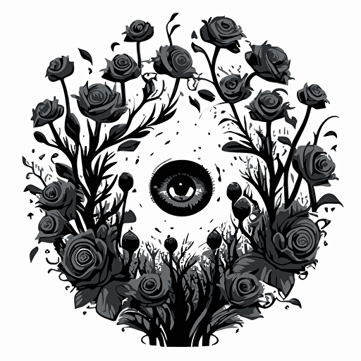 vector image, transparent background, roses forming a circle around a one eyed bald monster, black and white