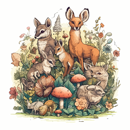 a beautiful group of fairycore woodland animals with a surrounding floral design in detailed drawing style + simple vector + bright colors on a white background