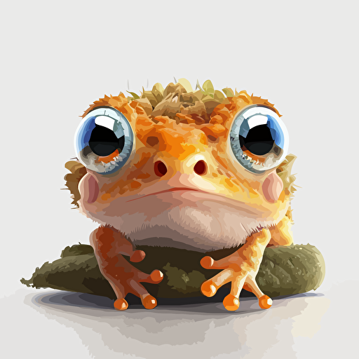 A baby fur colorfull frog, smiling, orange eyes, white background, vector art , pixar style