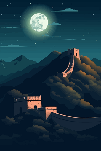great wall of china, illustration, painting, night lighting, moon in sky, flat,vector