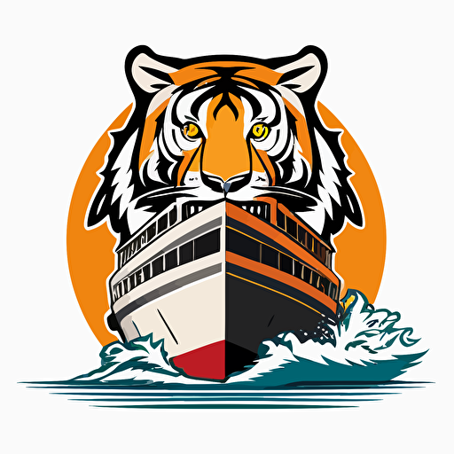 a mascot logo of a cruise ship sailing toward you with a tiger on board looking out, simple, vector