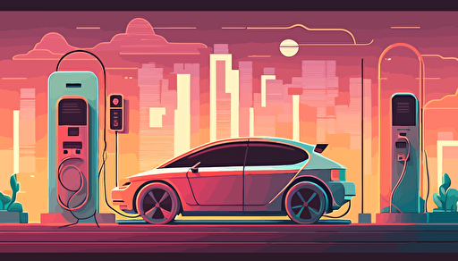 electric car charging in futuristic city , flat warm pastel colours, muted coloursillustration,vector,