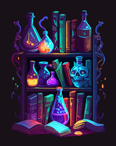 a vector cartoon style image of a bookshelf that has a few books on it and lots of bottles of witches potions