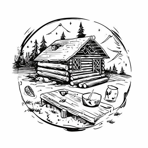 cabin, "table top game elements":2, logo:3, black white drawing, vector