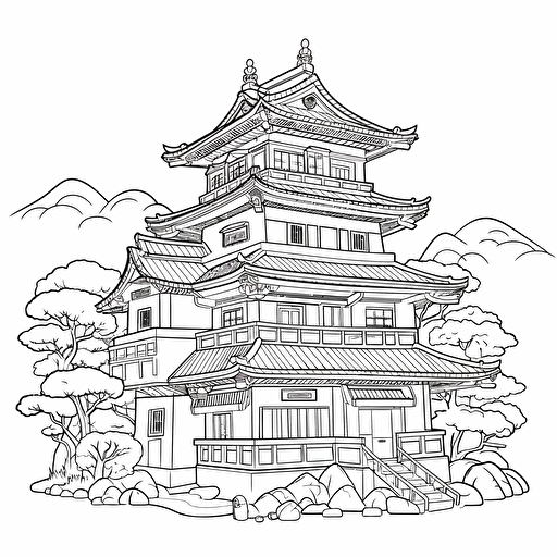 DND Fantasy. Japanese Style City. Wooden Architecture. No Shadow. Cartoon. Coloring page. Vector. Simple.