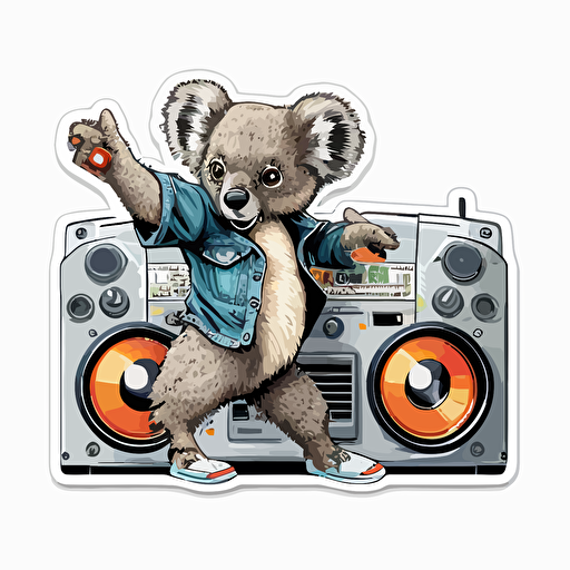 A koala holding a boombox and dancing to music, Sticker, Vector, White Background