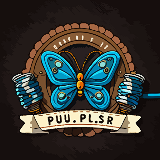 a cartoonish logo design for a handmade bracelet workshop, with the wording "Pulser Art" , that features a 2D vector logo design, including spool of thread, a bracelet embellished with colored beads and a blue butterfly, surrounded by a thin rope.