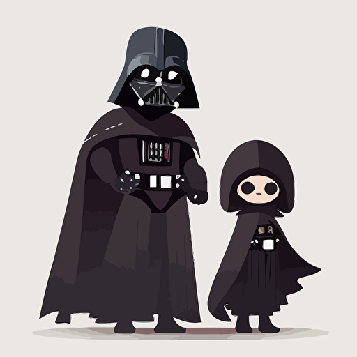 A beautiful female anime darth vader style with his son, goofy looking, smiling, minimalistic, flat light, white background, vector art, pixar style