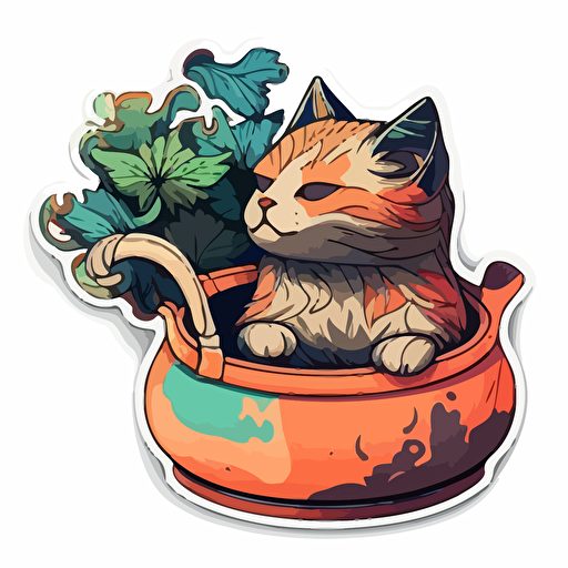 Cat smoking pot, Sticker, Relaxed, Warm colours, anime, Contour, Vector, white background, Detailed