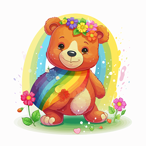 rainbow bear, flowers, detailed, cartoon style, 2d clipart vector, creative and imaginative, hd, white background
