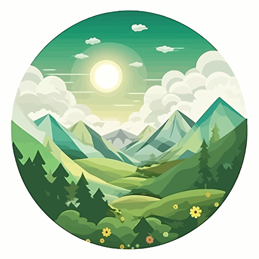 flat design, vector art, cicle logo of aerial view of landscape of green forest, very bright white clouds, bright sunrays, mountains in the background, wonderful, beautiful, inspiring by Arthur Kopcke