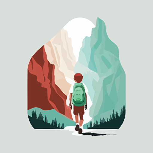 minimalist vector illustration logo, white background, little boy with red backpack on a journey up a tall mountain, light green and light blue color palette
