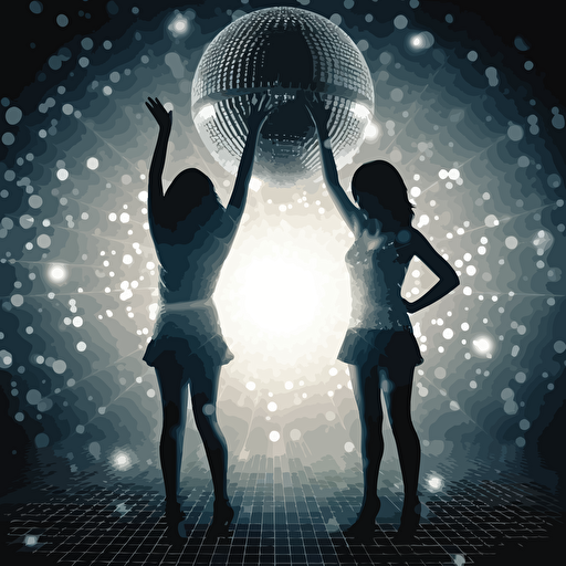 vector art, two gorgeous girls in black and silver bikinis dancing in a disco:: disco lights and mirror ball, Hed Kandi style, bokeh effect