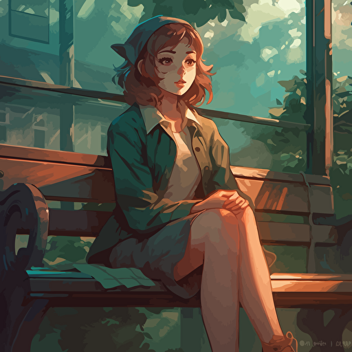 dorothy gale sitting on green color bench Clean Cel shaded vector art by lois van baarle, artgerm, Helen huang, by makoto shinkai and ilya kuvshinov, rossdraws, illustration