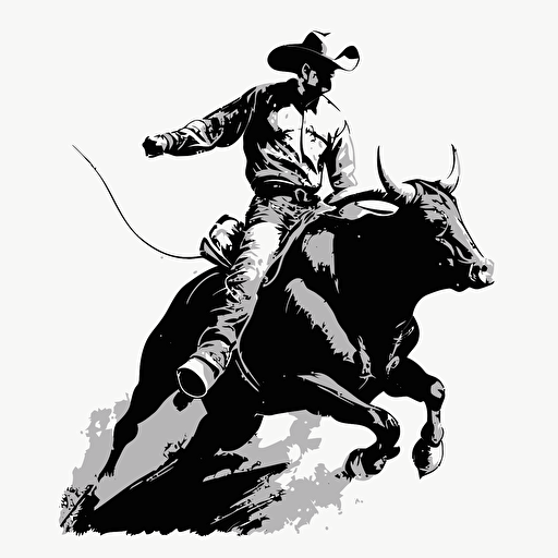 simple vector illistation of bull rider on a bull black and white